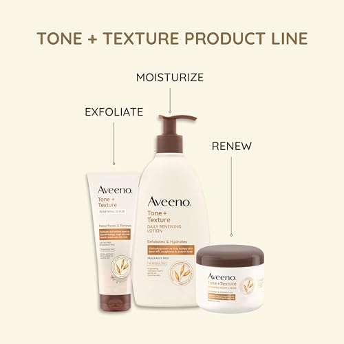 Aveeno Tone + Texture Daily Renewing Body Lotion With Prebiotic Oat, Gently Exfoliates & Hydrates Sensitive Skin, Clinically Proven to Help Bumpy, Rough Skin, Fragrance-Free, 18 Fl. Oz